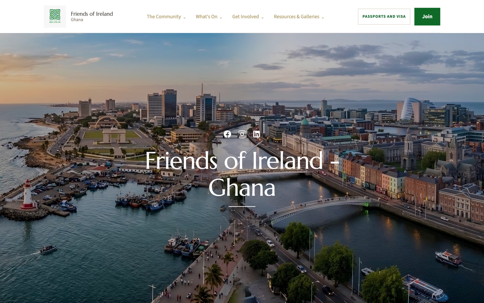 Friends of Ireland Ghana website homepage showing a blended skyline of Accra and Dublin.