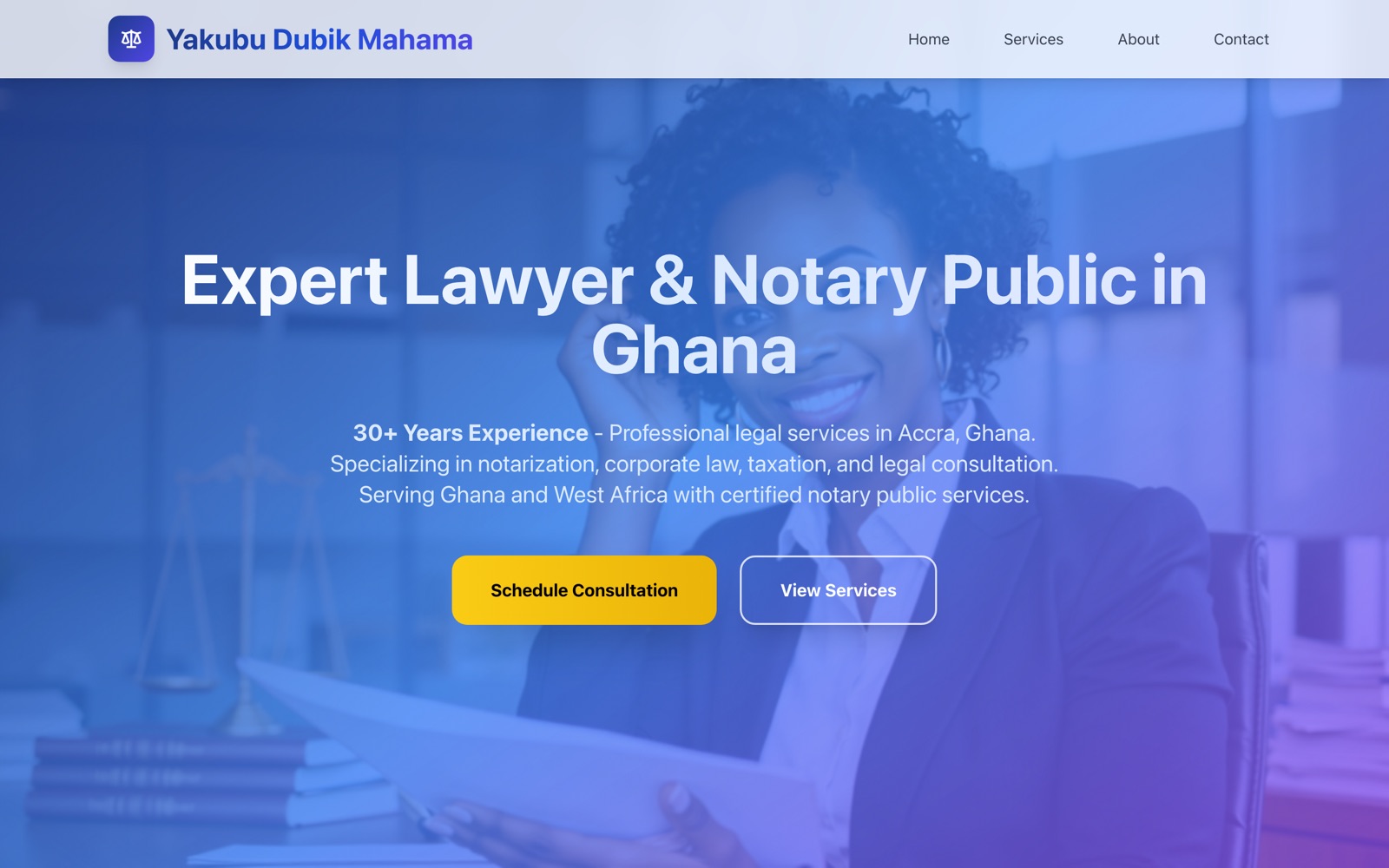 YDM Legal Services website homepage with the headline Expert Lawyer and Notary Public in Ghana.