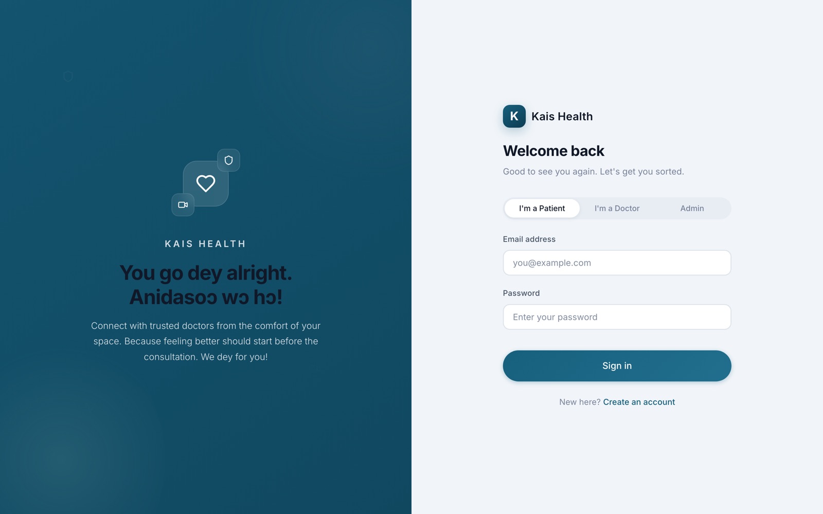 Kaïs Health sign-in screen with separate patient, doctor and admin roles and a welcome message in Twi and Ghanaian Pidgin.