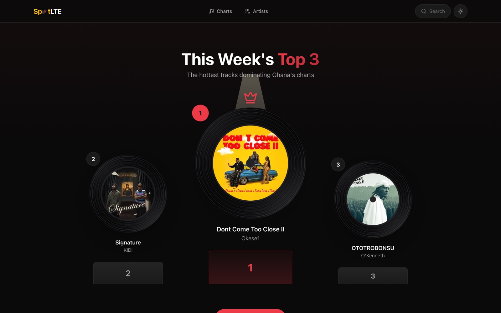 SpotLTE Music Charts showing the week's top three tracks with cover art on vinyl records.